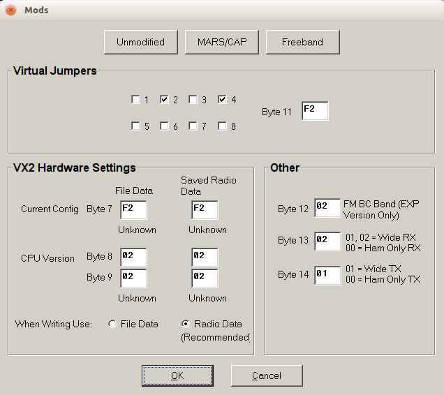Virtual jumpers for Yaesu VX-2R